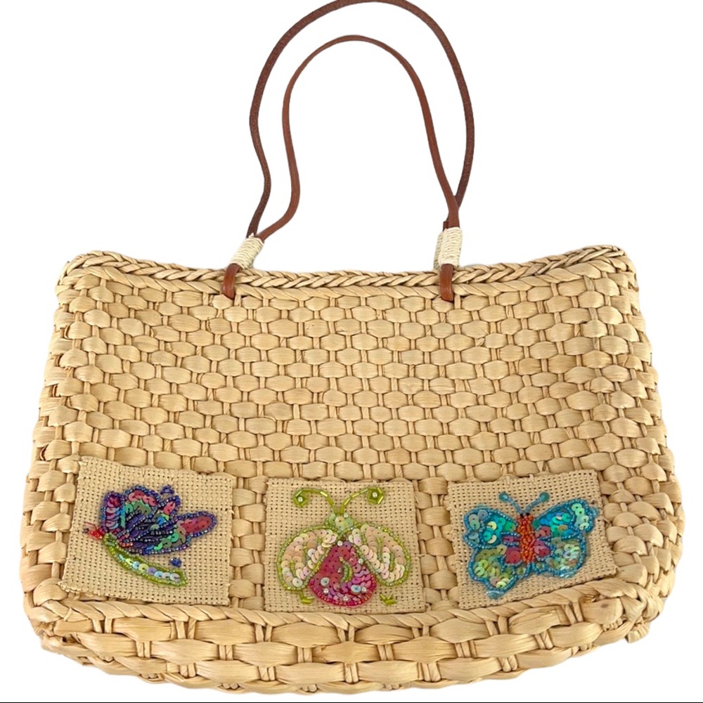 Quacker Factory Basket Weave Straw Tote Purse Bag Beaded Sequin Butterflies